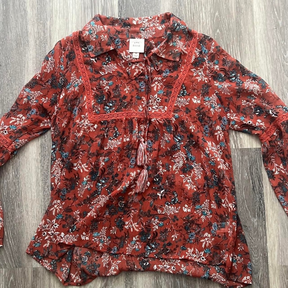 Knox Rose Blouse Womens Medium Rust Orange Floral Boho Tassel Top Bell Sleeve